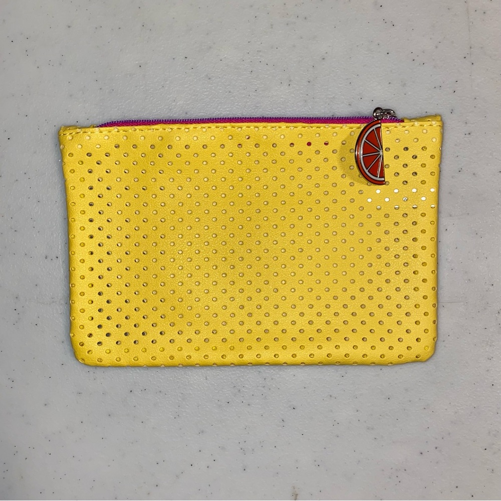 Ipsy Cosmetics Bag Yellow Perforated with Orange Slice Zipper Pull